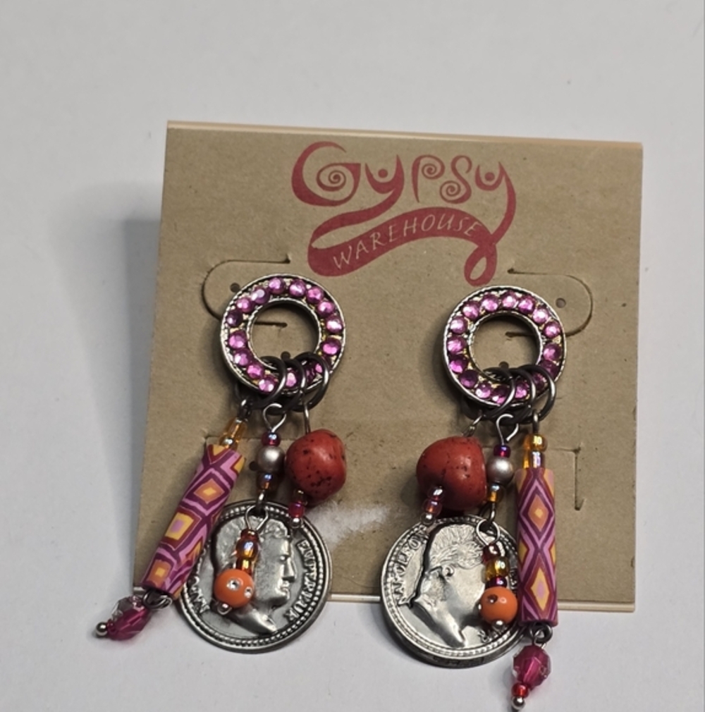 Treska Gypsy Pink Rhinestone Coin Drop Earrings Mixed Media Boho‎ Statement
